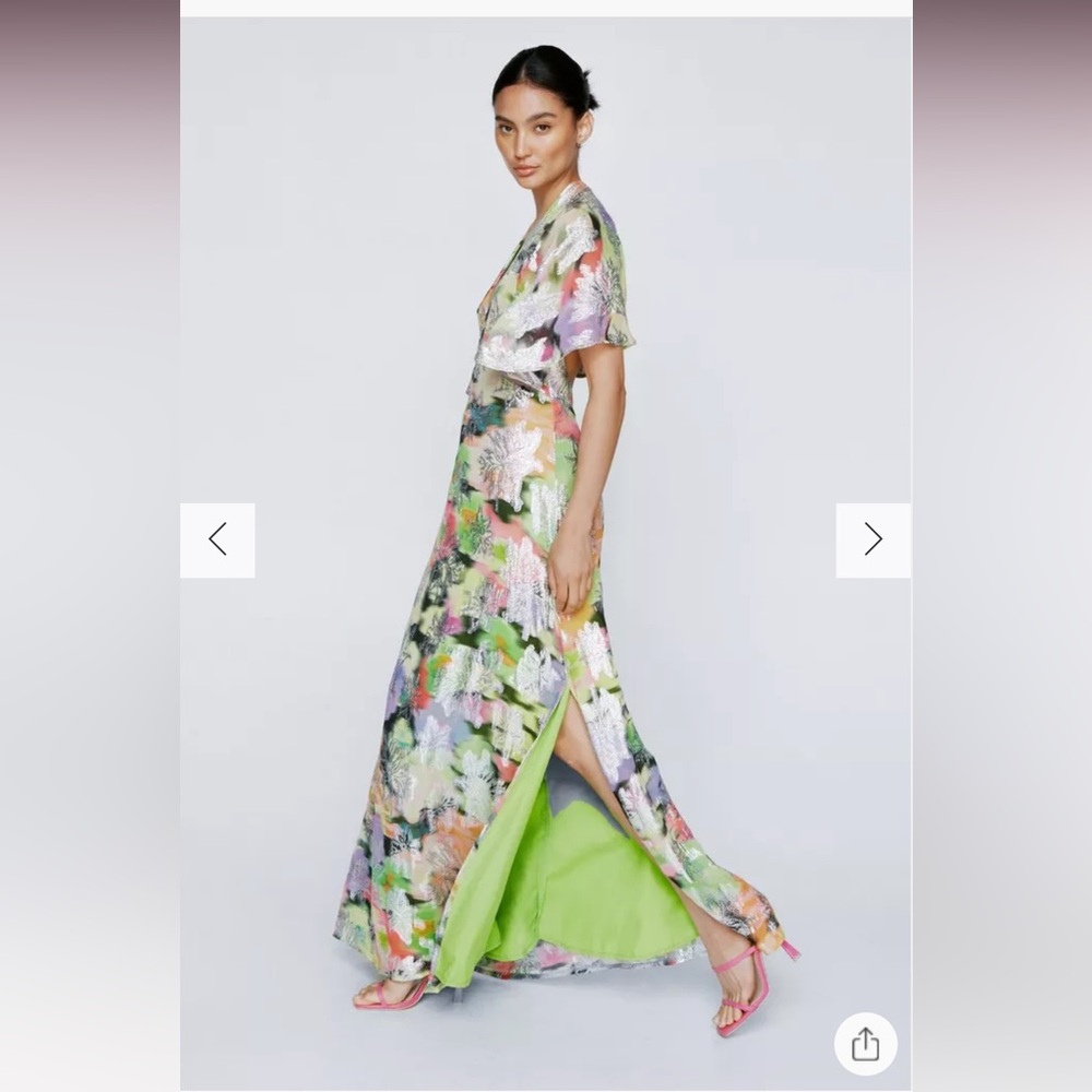 PETITE METALLIC FLORAL PRINT ANGEL SLEEVE DRESS
